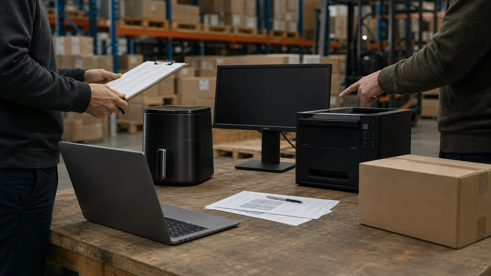 Two business professionals reviewing equipment and commercial documents