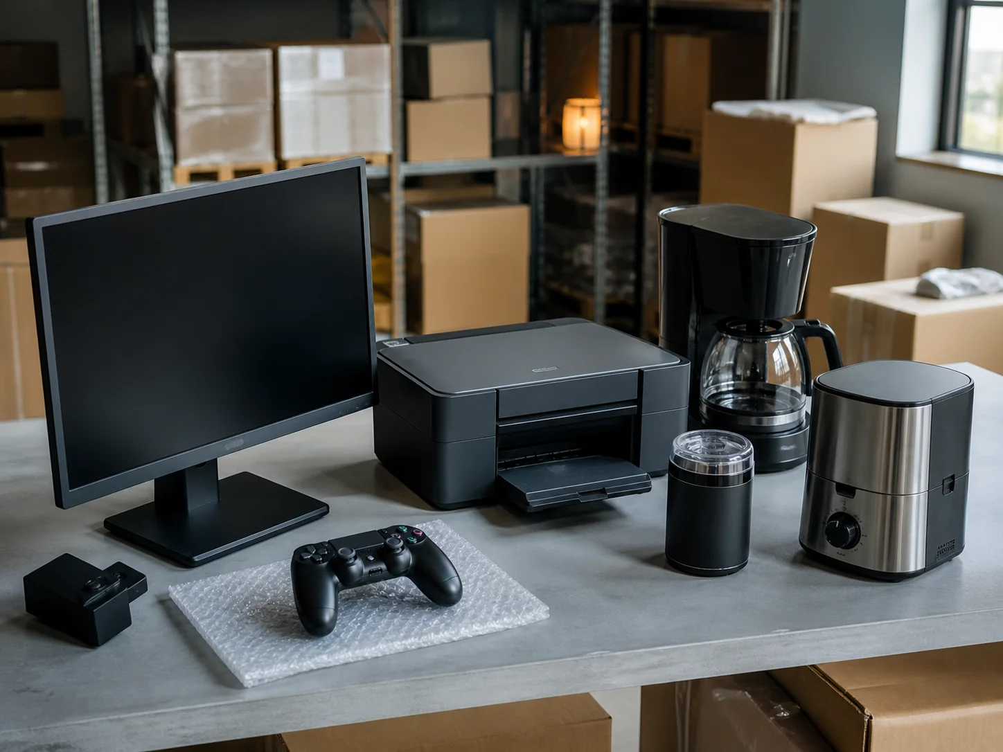 Unbranded electronics and appliances prepared for commercial inspection